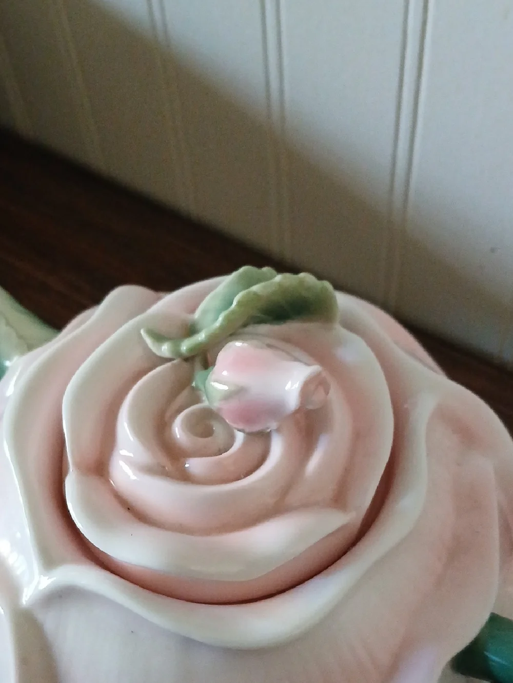 Pier 1 Imports Pink Rose Bud Shaped Flower Teapot Handpainted Flowers Ornate